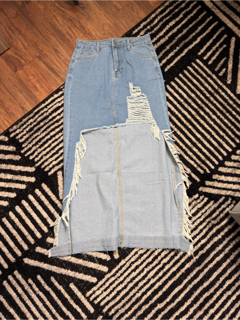 Light Wash Distressed Denim Maxi Skirt
